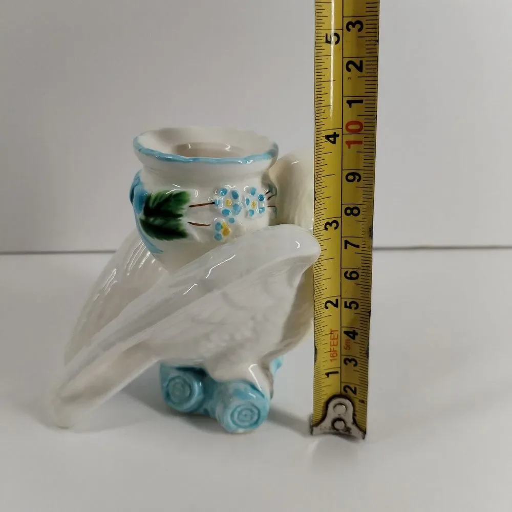 Vintage 1988 The Haldon Pair Dove Bird‎ Candle Holders White Blue Ribbon 4